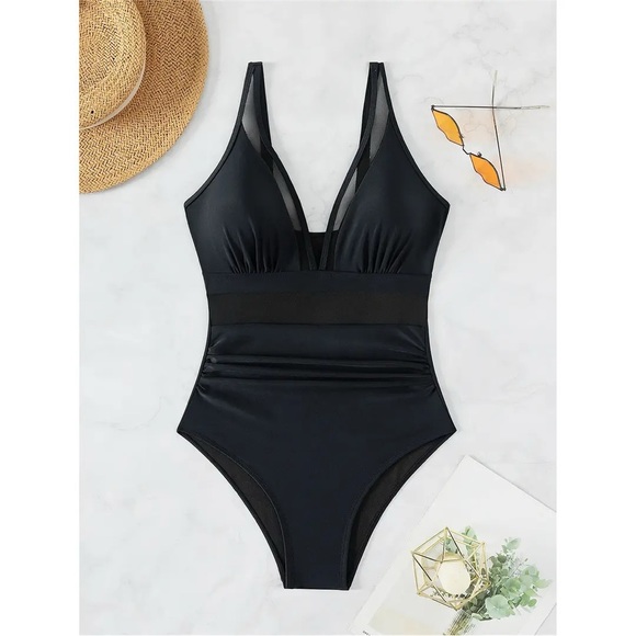 Black One-Piece Swimsuit with Sheer Waist Panel - Picture 11 of 16